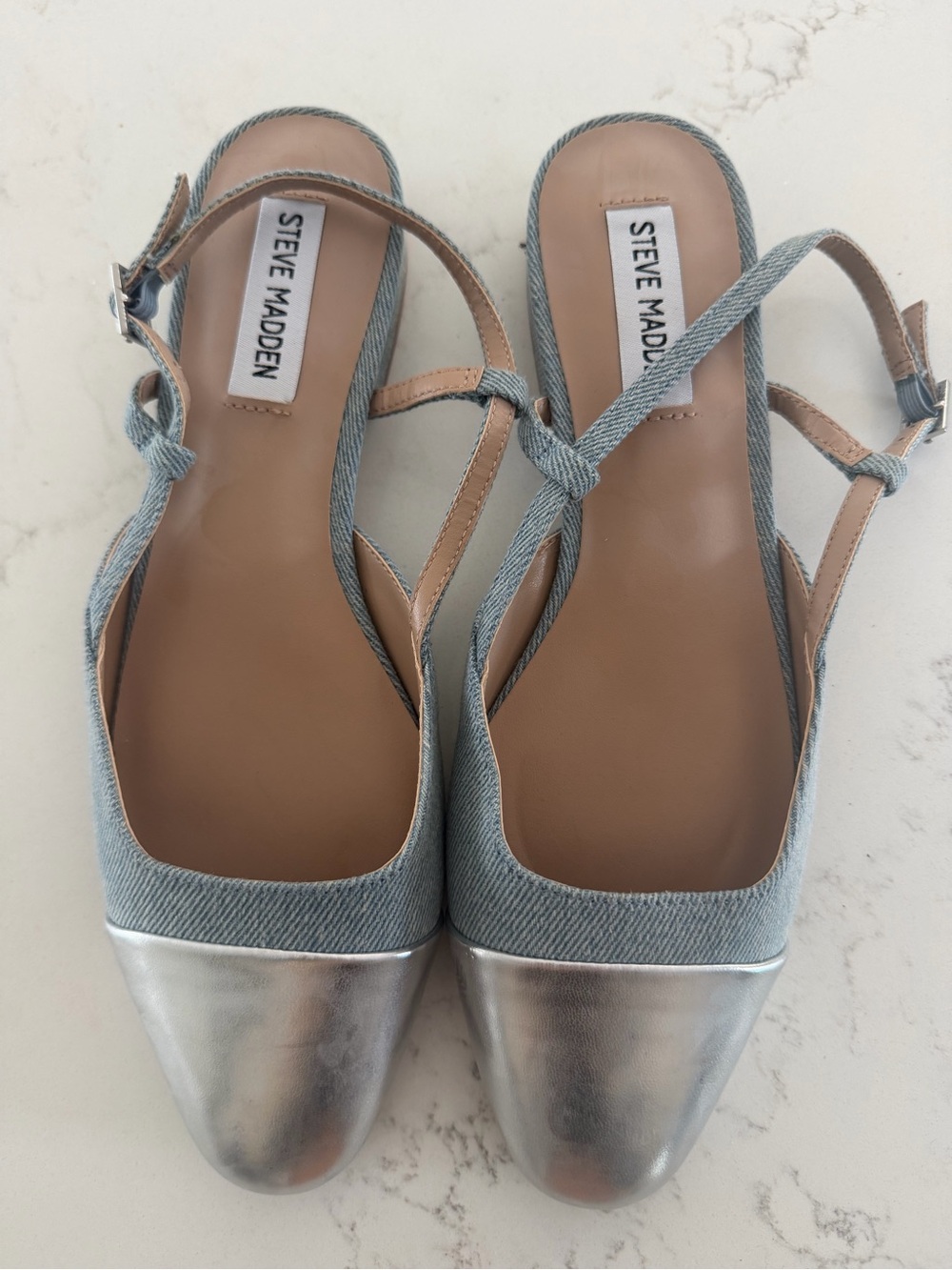 Steve Madden Denim & Silver Cap Toe Slingback Flats | Size 8M | NWT